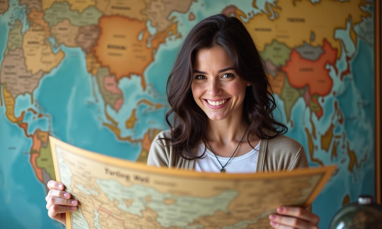 Une femme souriante regardant une carte du monde, symbolisant l'exploration et la confiance en soi.